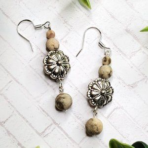 Boho Earrings - Southwest Silver Medallion Nature Stone Beads